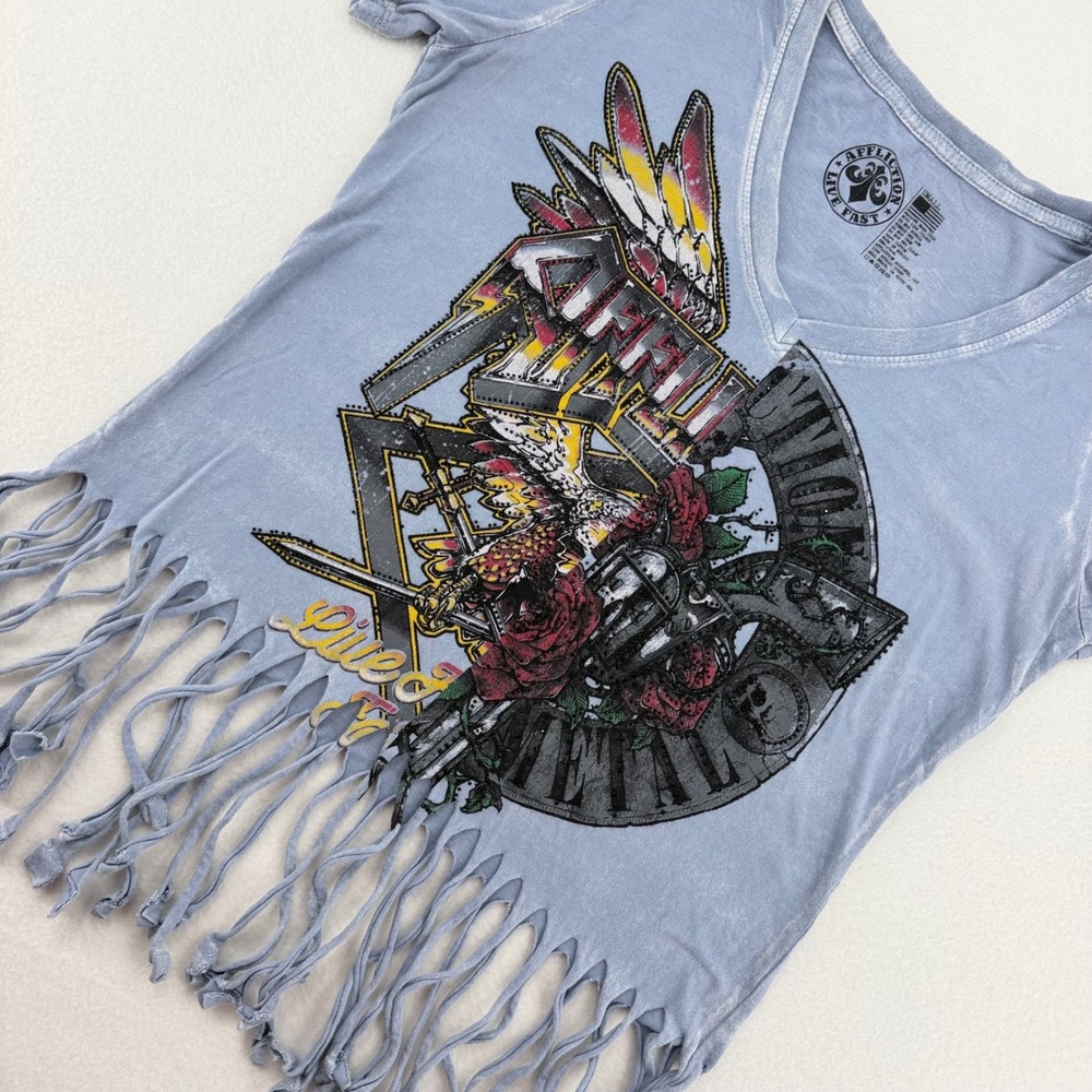Affliction Live Fast Womens Small Blue Graphic Tee Fringe Rhinestone Y2K